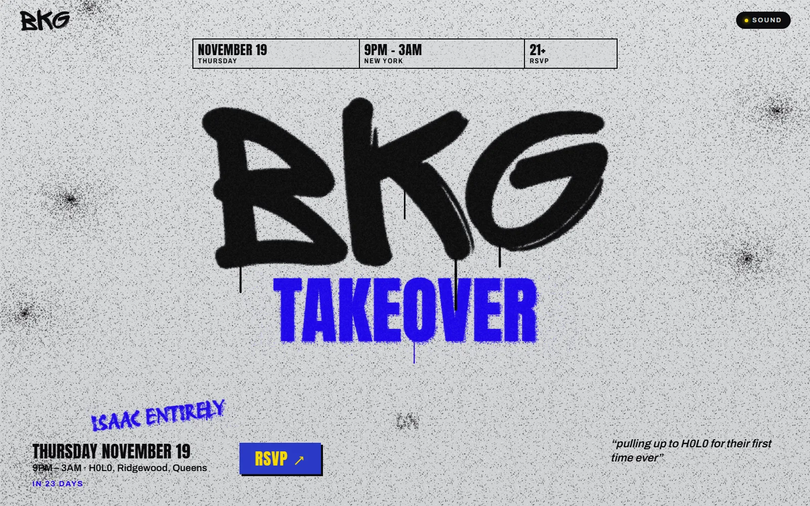BKG Takeover — The front page of their whole site as a grey wall they take over: the tag sprays on at the tap, the crew throws their names up a bar at a time, and the paint drips on the kick.