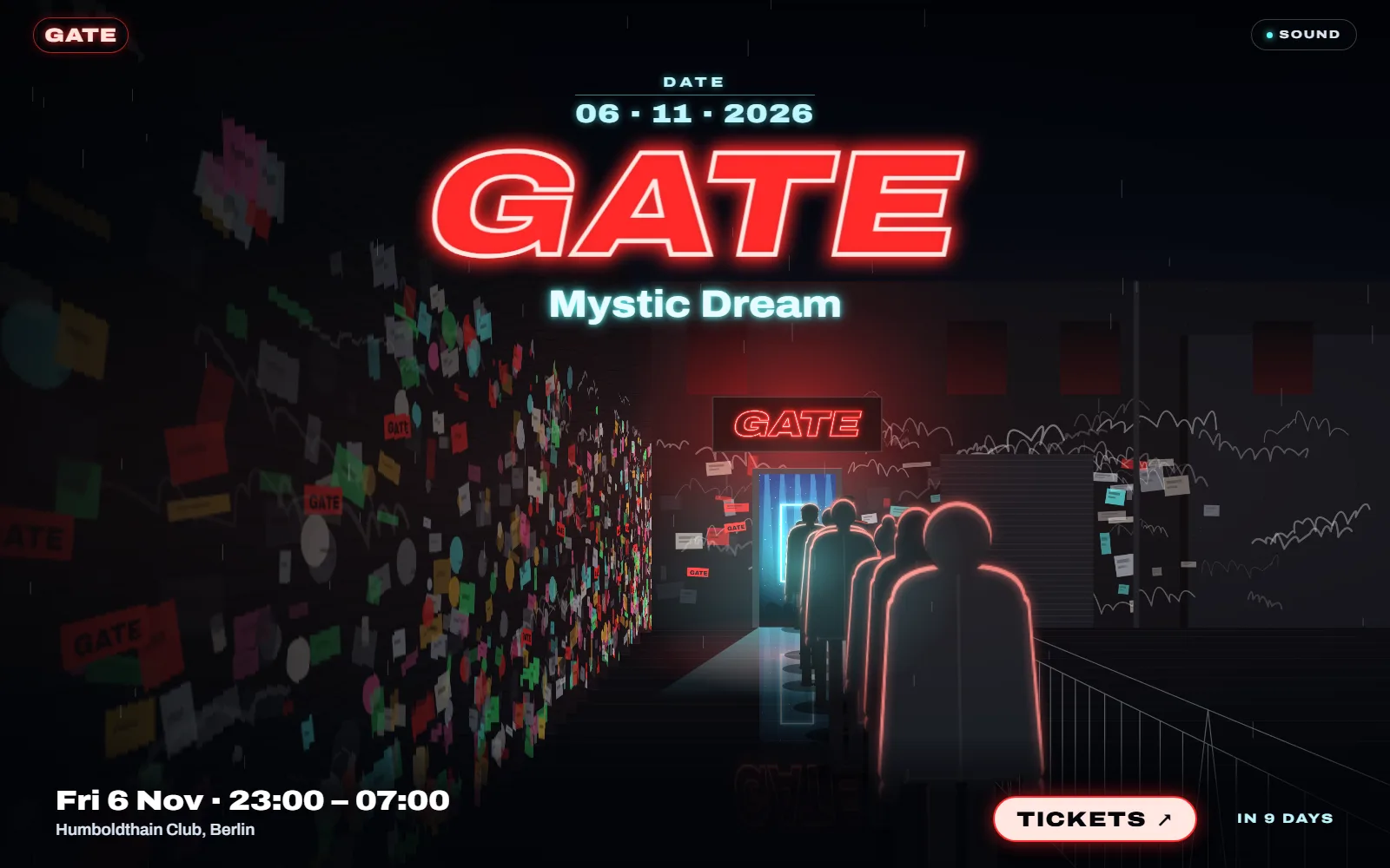 GATE · Mystic Dream — The front page of a bouncer collective's night as the queue outside their door: the line shuffles forward on its own, every four bars someone gets "ID please" and the door swings open on the cyan Mystic Dream, and you reach the front at the tickets.