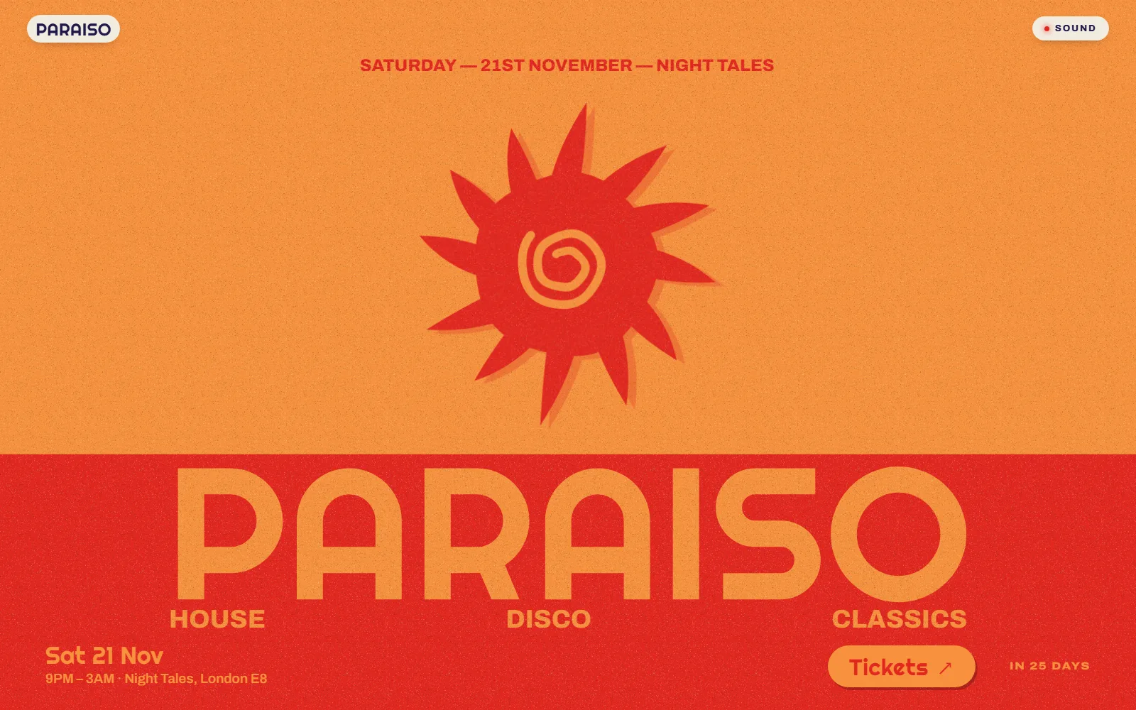 Paraiso — The front page of their whole site as a screenprint that never stops: every two bars a squeegee pulls a new edition, a new symbol in a new pair of their inks, and the name re-inks with it.
