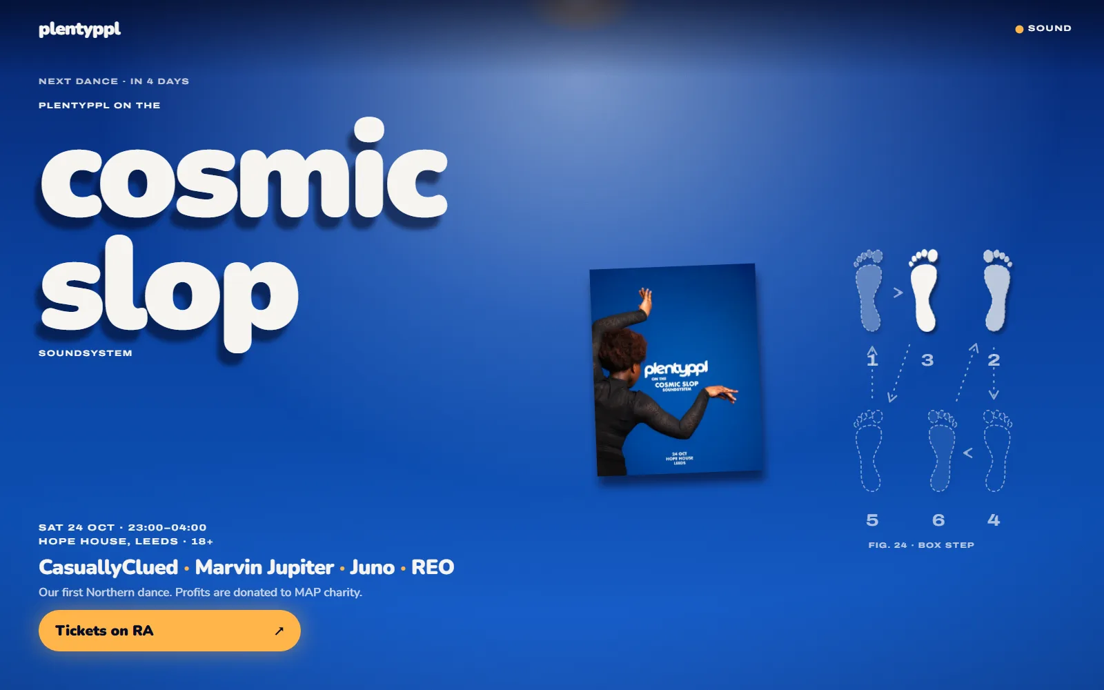 plentyppl — The front page of their whole site, set in their blue studio: one light swings with the music, the type throws shadows, and every dance is a footprint, from the next one back to all 23 since 2024.