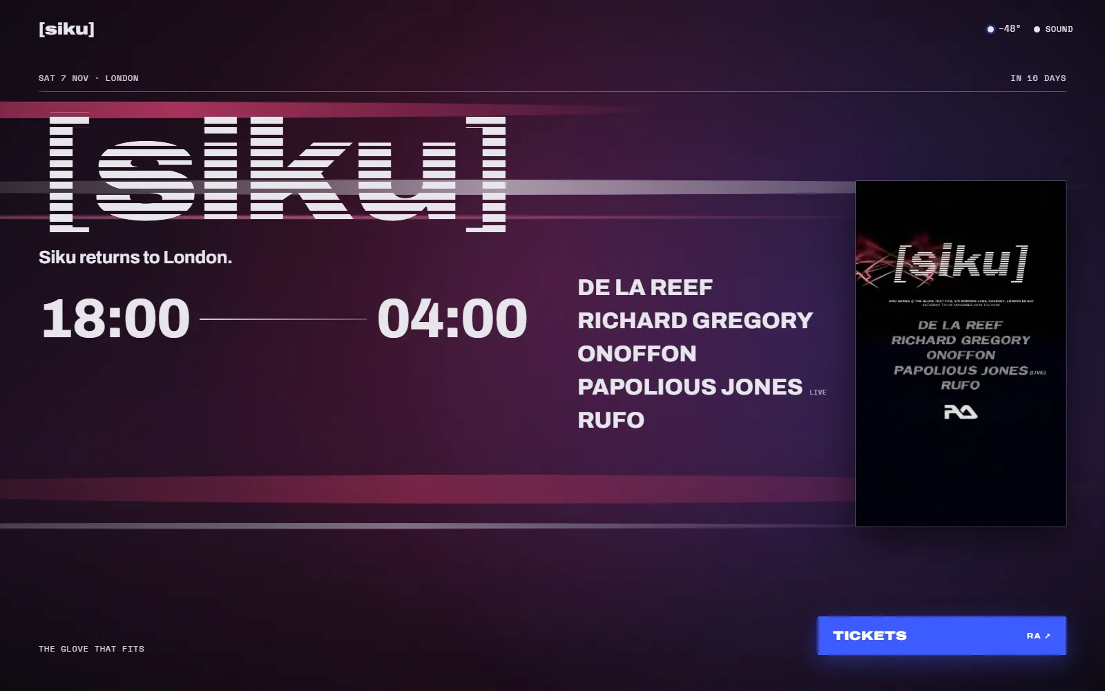 Siku — The front page of their whole site, where scroll is the clock: London at night, their anniversary in Barcelona till six, then the morning session in the garden, the light warming from club blue to sun.