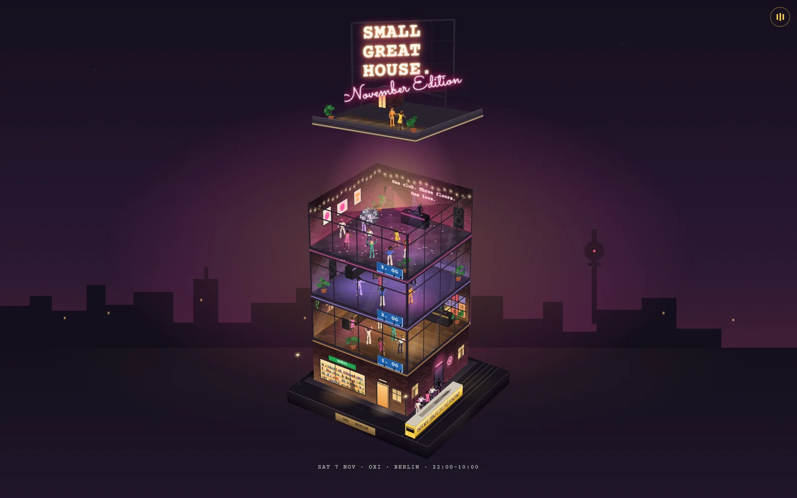 Small Great House. — Their house comes apart: the neon name lights on the roof, the roof lifts off, and each floor rises out with its own room of dancers.