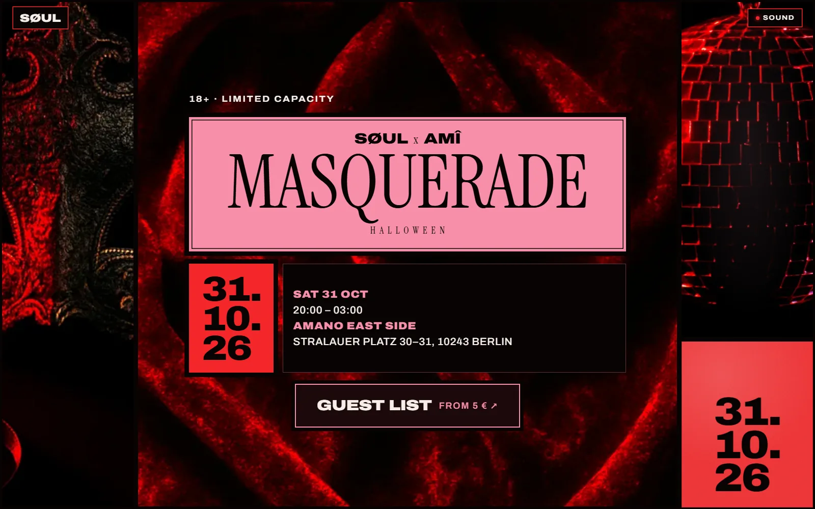 SØUL x AMÎ Masquerade — The front page of their whole site as their flyer come alive: velvet, a mask, cherries, a disco ball and a coupe slam into a black-gutter collage on the kick, and every scroll reshuffles it, each act taking the pink banner in turn.