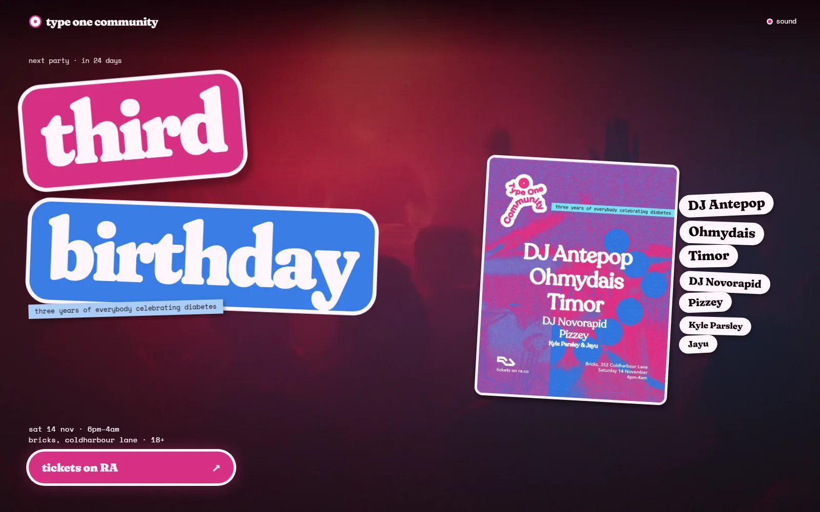 type one community — The front page of their whole site, made of their own stickers: they press on as you arrive, lift on the drop, and every party since 2023 sits on one sticker sheet.