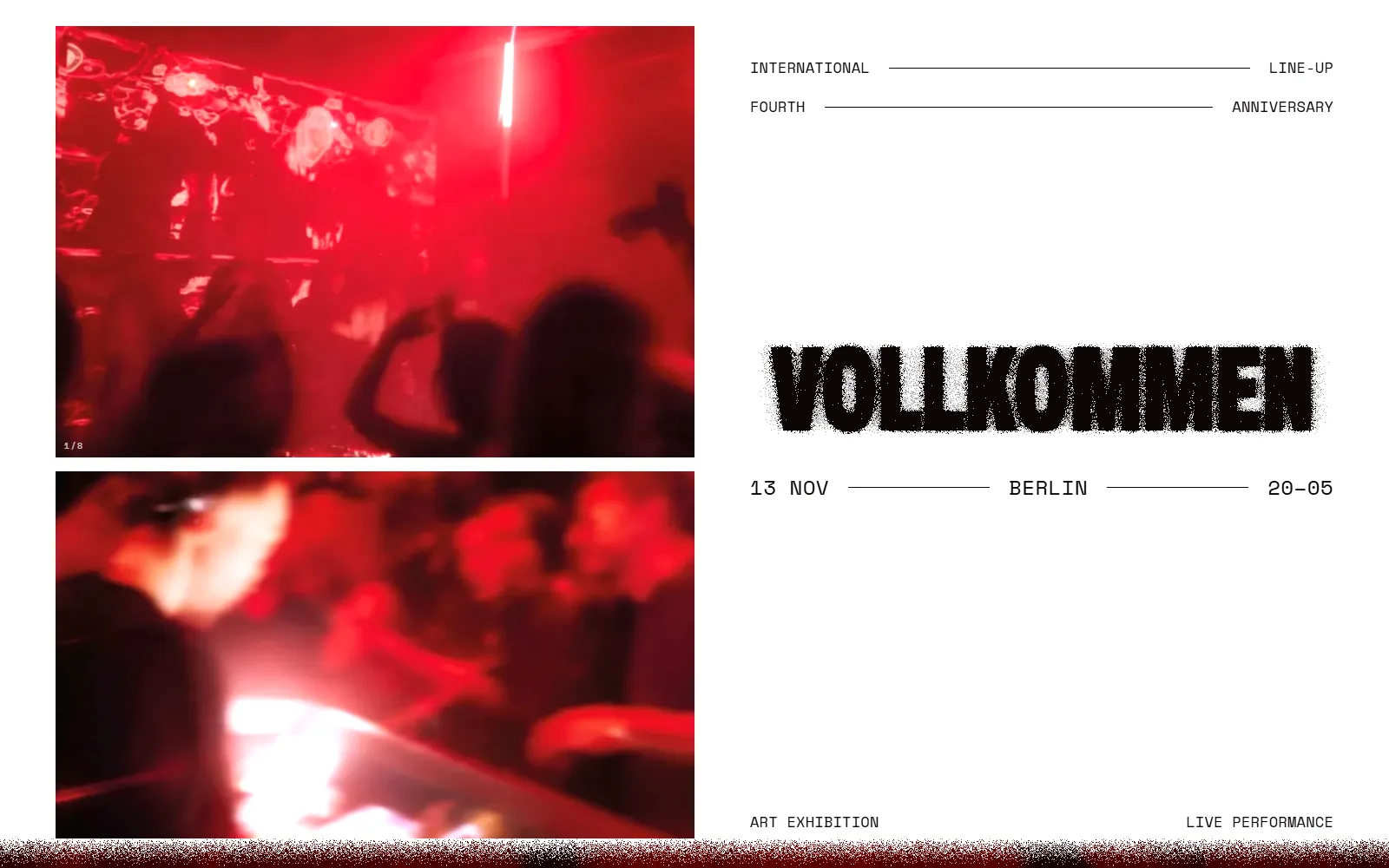 VOLLKOMMEN — Their flyer opens onto a red room on a long exposure: scroll and it smears into light, stop and it snaps into focus.